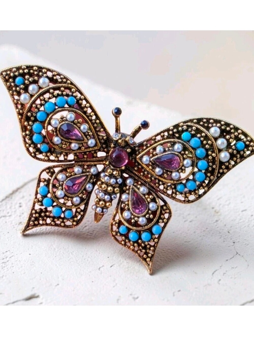 Vintage Signed ART Arthur Pepper Butterfly Brooch Turquoise Faux Pearl Figural